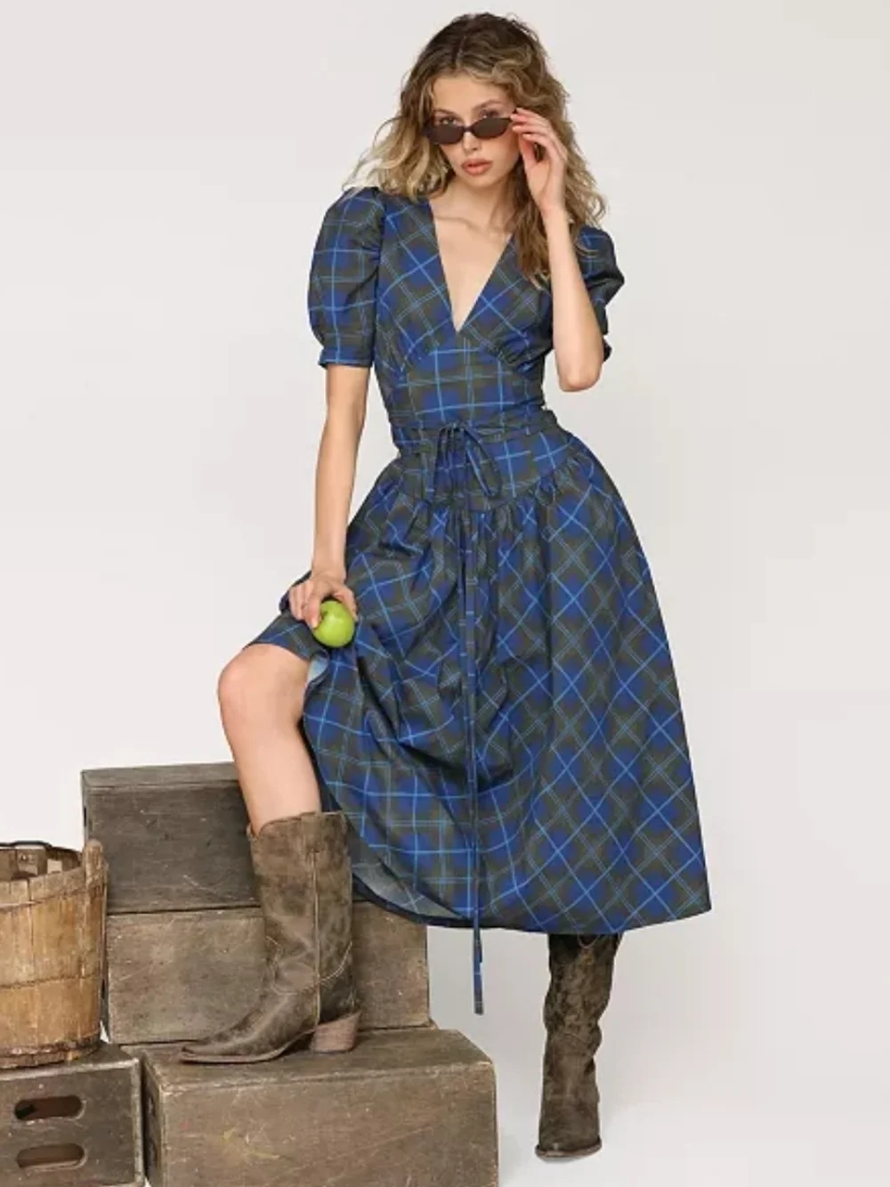 NWT Avec Les Filles Plaid Puff Sleeve Tie Belt Midi Dress - Size 12